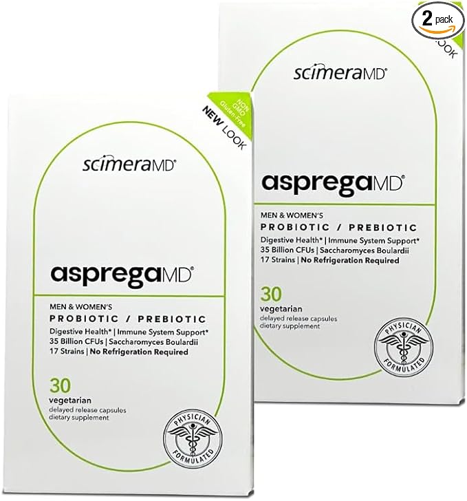 Asprega 30CT - Probiotic + Prebiotic Supplement | 17 Strains 35 Billion CFUs | Delayed Release | Saccharomyces Boulardii | for Men &amp Women | by ScimeraMD 2-Pack