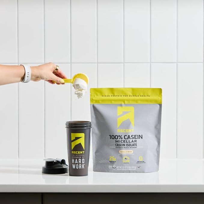 Ascent Casein Protein Powder - 25g Micellar Casein Powder with Zero Artificial Flavors &amp Sweeteners Gluten-Free No Added Sugar 4.9g BCAA 2.2g Leucine - Vanilla Bean 2 Pounds