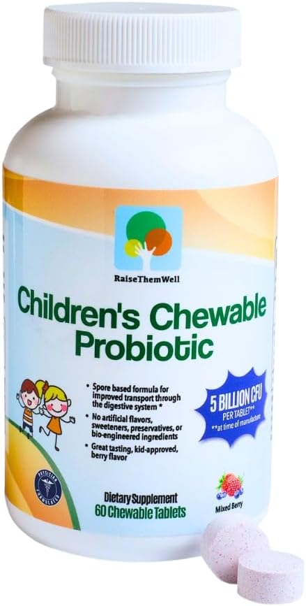 Raise Them Well Children’s Probiotic Chewable Gut Health Tablets for Kids Supports Digestion Immunity &amp Nutrient Absorption No Artificial Additives Mixed Berry 60 Servings