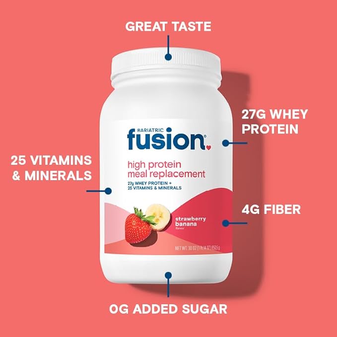 Bariatric Fusion Strawberry Banana Meal Replacement 27g Protein Powder 21 Serving Tub for Bariatric Surgery Patients Including Gastric Bypass and Sleeve Gastrectomy - No Gluten Aspartame or Sugar