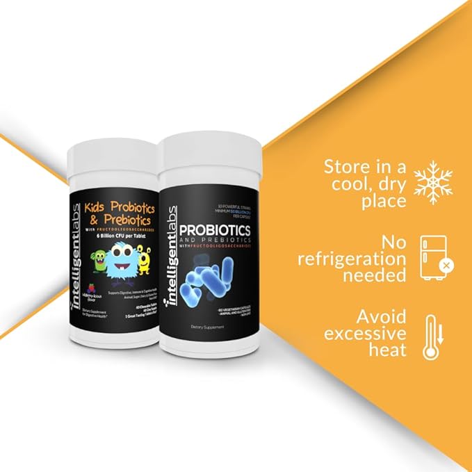 Intelligent Labs 2-in-1 Bundle of Kids Probiotics (6 Billion CFU with Hydrolyzed Guar Gum and FOS) + Adult Probiotics (50 Billion CFU 10 Strains) No Refrigeration Needed 2 Months Supply Per Bottle