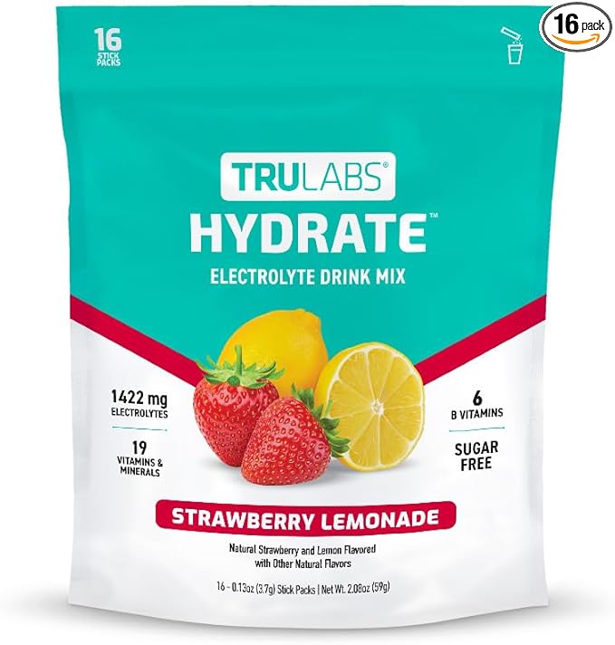TRULABS Hydrate - Strawberry Lemon Bag of 16. Sugar Free Electrolytes Hydration Packets. Each Serving Contains 1422 mg of Electrolytes &amp19 Vitamins &amp Minerals