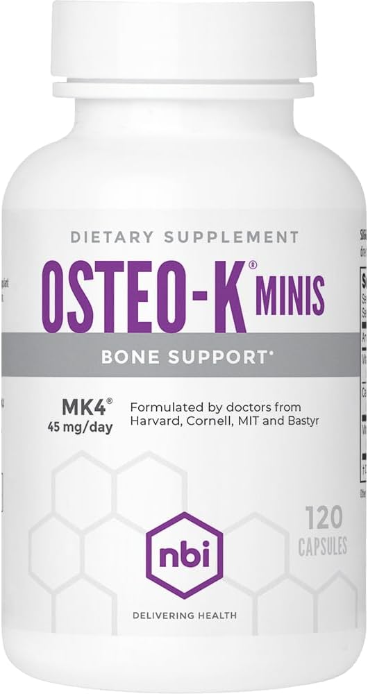 NBI Osteo-K Bone Support - Mini | Vitamin D &amp K Complex with Calcium Citrate Supplement | 45mg Vitamin K2 (MK4) for Strong Bone Health &amp Function | 120ct Veggie Capsules