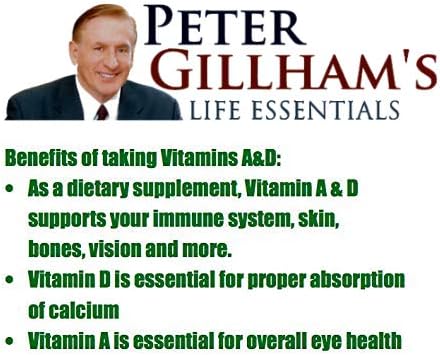 Peter Gillham's Life Essentials Vitamin A &amp D (10000IU &amp 400IU) 500 Gels Support Immune System Strong Bones &amp Teeth Essential for Eye &amp Skin Health. Gluten Free. Made in USA