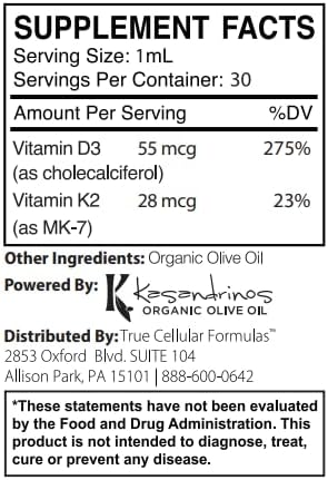 Vitamin D3 2200 IU + K2 MK-7 Liquid Drops - High Potency Immune &amp Bone Support Supplement with Organic Olive Oil - CytoD+K2 30 Day Supply (1 FL OZ)