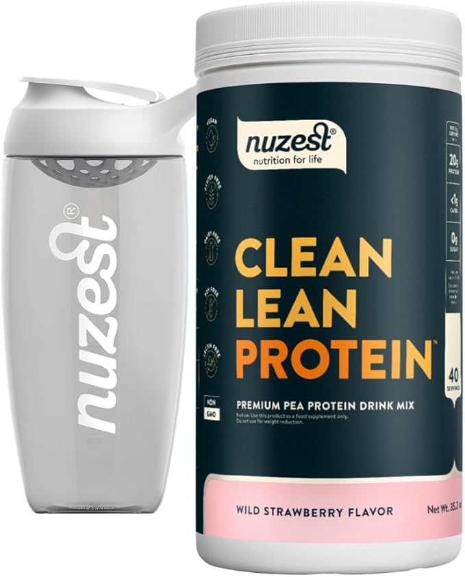 Nuzest Vegan Pea Protein Powder - Clean Lean Protein 40 Servings 20g Protein Strawberry Protein Shake Mix + Sports Shaker Bottle 24oz