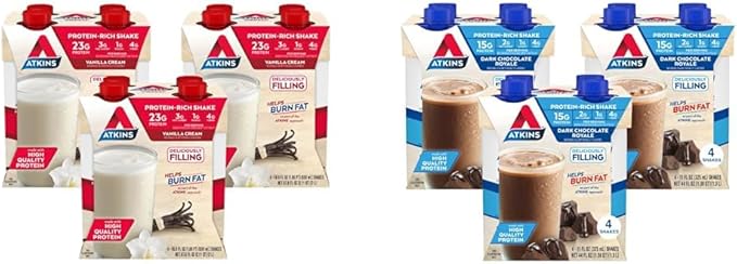 Atkins Vanilla Cream Meal Size Protein Shake 23g Protein Low Glycemic &amp Dark Chocolate Royale Protein Shake 15g Protein Low Glycemic 2g Net Carb 1g Sugar Keto Friendly 12 Count
