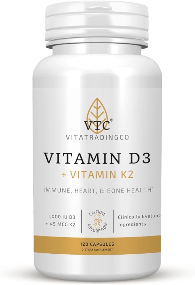 VTC VitaTradingCo. Vitamin D3 + K2 | High Potency Bioactive Forms | 1000iu D3 + 45mcg MK-4 K2 | Boost Calcium Absorption | Immune Heart &amp Bone Support | 120 Capsules