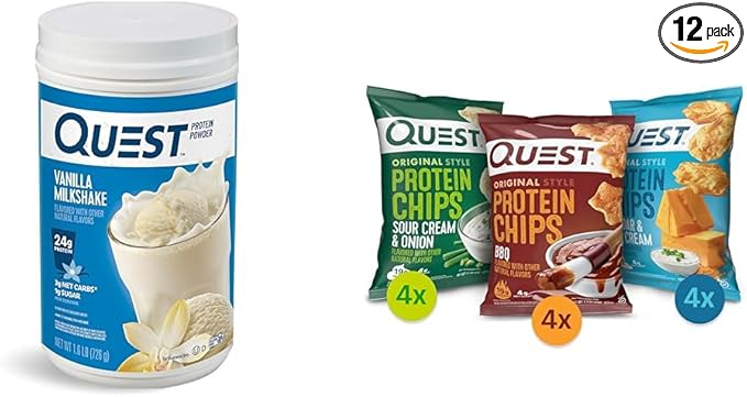 Quest Vanilla Milkshake Protein Powder with 24g Protein Quest Protein Chips Variety Pack with BBQ Cheddar &amp Sour Cream Sour Cream &amp Onion Flavors 1.6 lb 12 Count