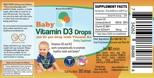 Raise Them Well- Vitamin D and K Drops for Bone and Teeth Health 365 Servings 0.36 fl/oz