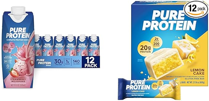 Pure Protein Strawberry Protein Shake 30g Protein 12 Pack and Pure Protein Lemon Cake Bars 20g Protein 12 Count