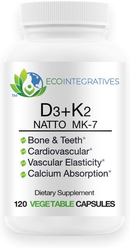 EcoIntegratives D3+K2 10000IU D3 Cholecalciferol 100mcg MK7 Nattokinase Bone Neuromuscular Cardiovascular &amp Immune Support Promotes Calcium Homeostasis Allergen Free 120 Capsules