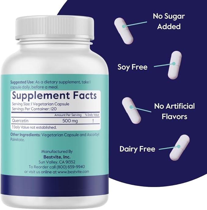 BESTVITE Quercetin 500mg (240 Vegetarian Capsules)(120 x 2) - No Stearates - No Silicon Dioxide - Vegan - Non GMO - Gluten Free