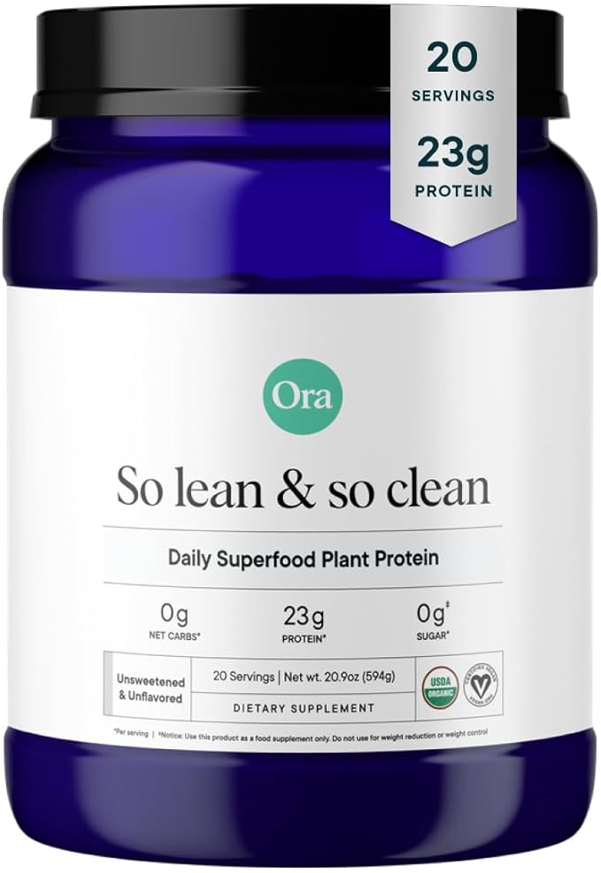 Ora Organic Vegan Protein Powder - 23g Plant Based Pea Protein + Superfood for Women and Men - Unsweetened &amp Unflavored - 20 Servings No Erythritol Keto-Friendly Gluten-Free Paleo Soy-Free