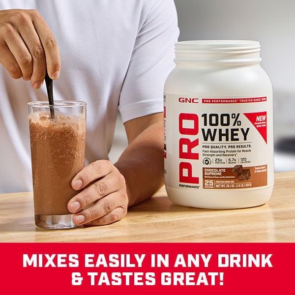 GNC Pro Performance 100% Whey Protein Powder 2.0 Fast Absorbing for Muscle Strength and Recovery Chocolate 25 Servings