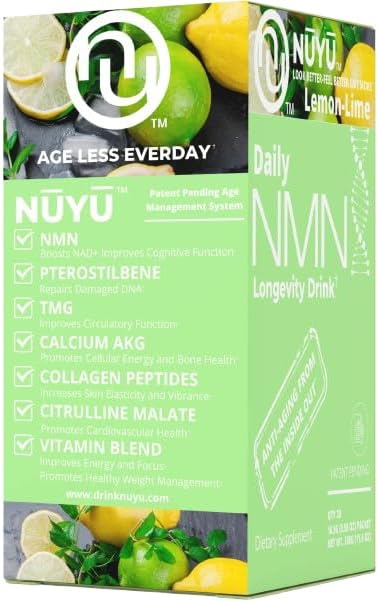 NUYU Labs Daily NMN Longevity Drink All-in-One Anti-Aging Supplement with Pterostilbene TMG Calcium AKG Collagen Peptides B Complex Vitamins B C D3 K2-MK7 (Lemon-Lime)