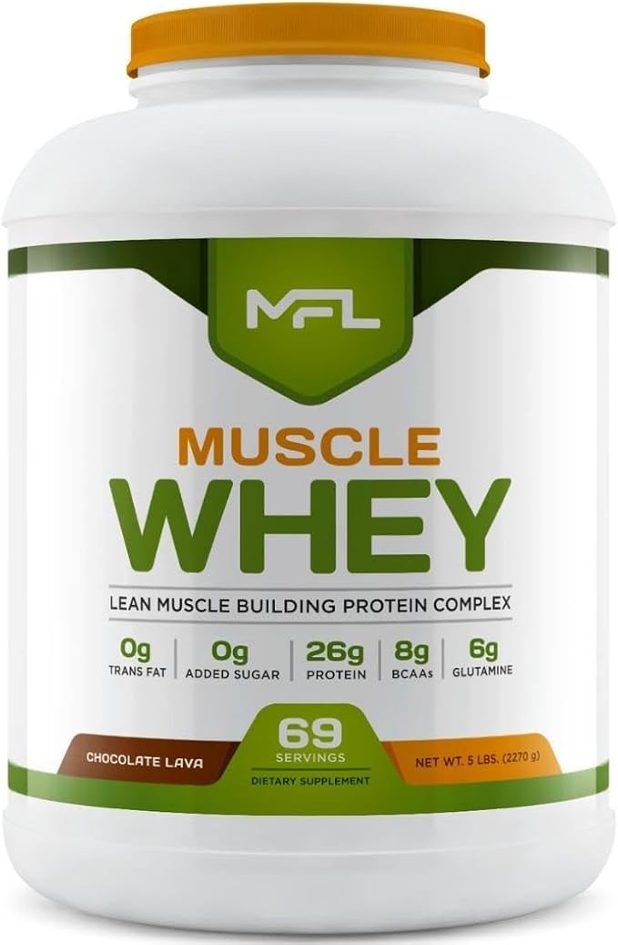 MFL Muscle Whey Protein 5 lbs l 26g of Protein l 8g BCAAs l 6g Glutamine l Low Carbs l 69 Servings (Chocolate Lava)