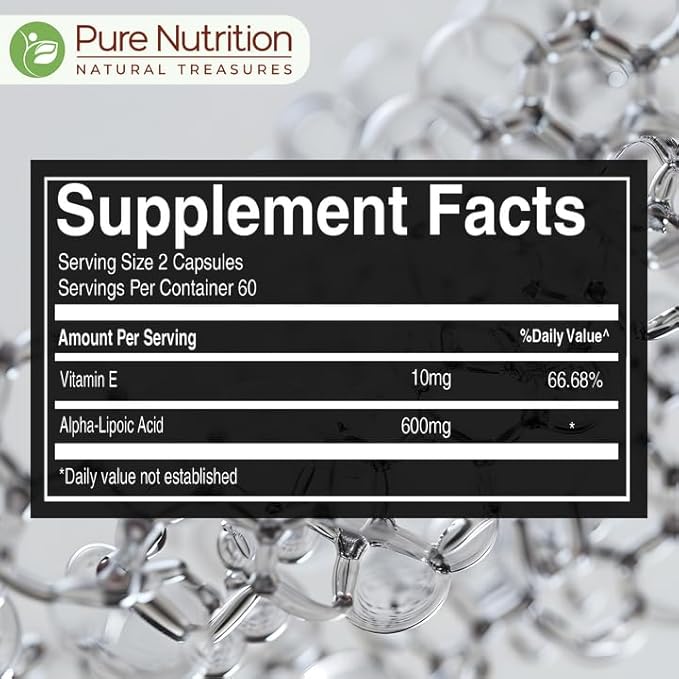 Pure Nutrition Alpha Lipoic Acid 600mg + Vitamin E | 120 Caps | Powerful Antioxidant to Support Nerve &amp Heart Health*. | Non-GMO