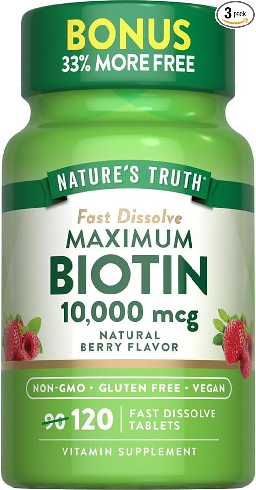 Nature's Truth Biotin 10000 Mcg Fast Dissolve Tabs Natural Berry Flavor 120 Count (Pack of 3)