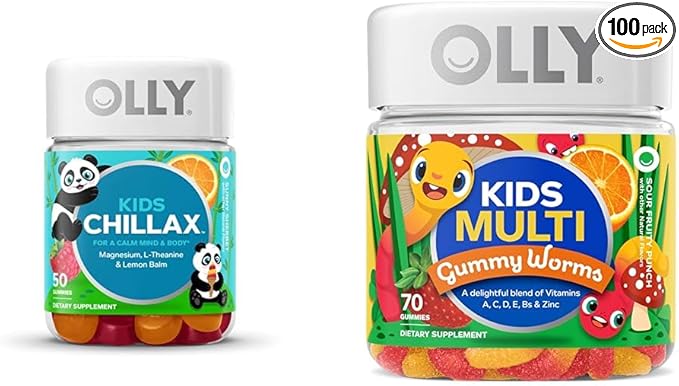 OLLY Kids Chillax Magnesium Gummies Plus L-Theanine Lemon Balm Sherbet Flavor - 50 Count &amp Kids Multivitamin Gummy Worms Overall Health and Immune Support Vitamins and Minerals A C D