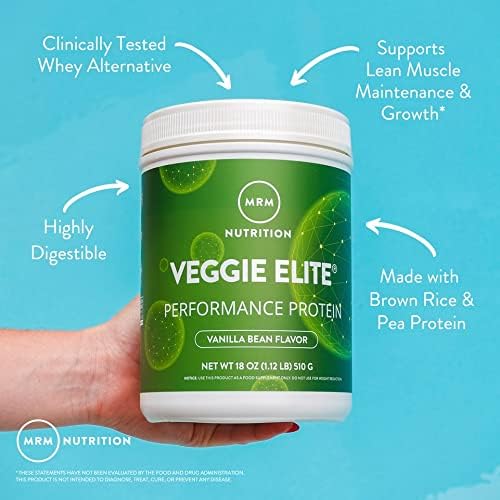 MRM Veggie Elite Performance Protein - Vanilla Bean Plant-Based Powder 24g Protein per Serving with BCAAs &amp Digestive Enzymes Clinically Tested - Vegan Gluten-Free - 30 Servings
