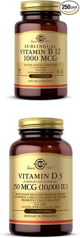 Solgar Vitamin B12 1000 mcg 250 Nuggets - Healthy Nervous System - Promotes Cardiovascular Health Vitamin D3 (Cholecalciferol) 250 MCG (10000 IU) 120 Softgels - Immune System Support