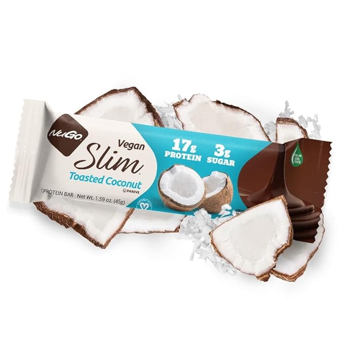 NuGo Slim Dark Chocolate Toasted Coconut 16g Vegan Protein 3g Sugar 7g Fiber Low Net Carb Keto Friendly Gluten Free 12 C