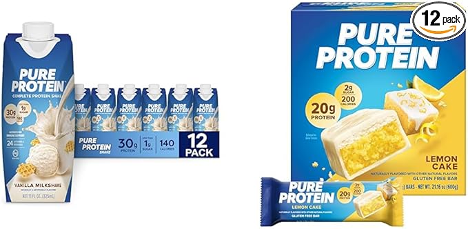Pure Protein Vanilla Protein Shake 30g Complete Protein Vitamins A C D and E plus Zinc &amp Bars High Protein Nutritious Snacks to Support Energy Low Sugar Lemon Cake 1.76 oz