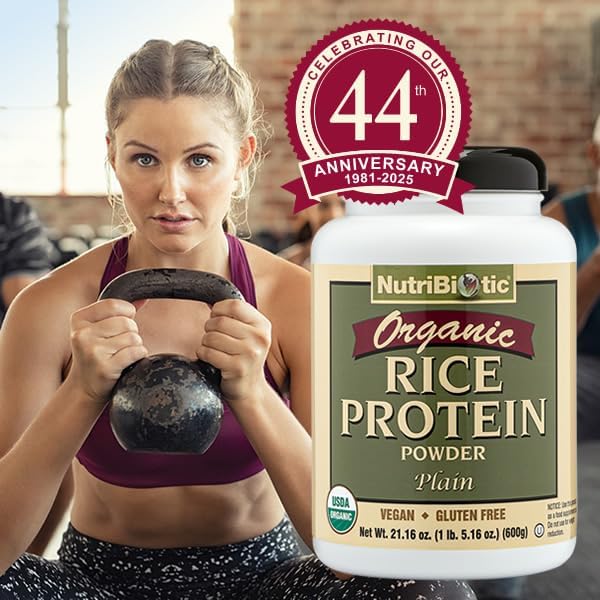 NutriBiotic Certified Organic Plain Rice Protein 21 Ounce | Low Carbohydrate Vegan Protein Powder | Raw Certified Kosher &amp Keto Friendly | Made Without Chemicals GMOs &amp Gluten | Easy to Dig