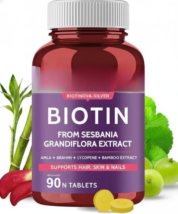Biotin for Hair Growth with Amla Brahmi &amp Bamboo Extract - 90 Veg Tablets