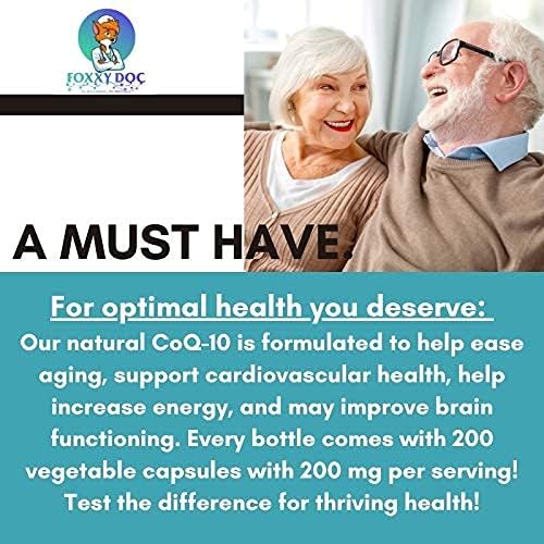 CoQ10 400 MG Per 2 Caps - Ubiquinone - Excellent Value - Heart Brain &amp Cellular Supplement - Energy Support - 200 Caps in Bottle - by Foxxy Doc