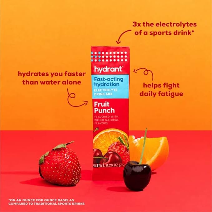 HYDRANT - Hydrate Electrolyte Powder Fruit Punch Flavor 30 Rapid Hydration Individual Stick Packs - Low Sugar Drink Mix for Daily Use Travel &amp Workouts