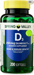 SUREFECT Spring Valley Vitamin D3 250mcg (10000 IU) - 200 Softgels - Bone &amp Immune Support Soy &amp Gluten Free Organizer.
