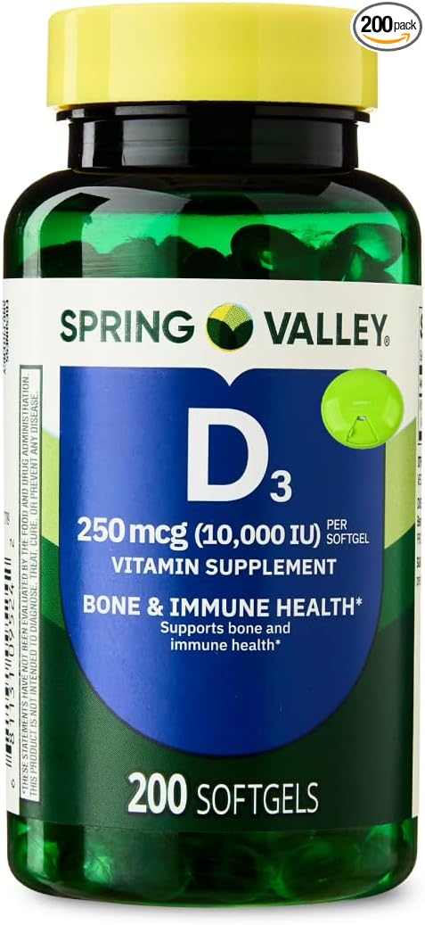 SUREFECT Spring Valley Vitamin D3 250mcg (10000 IU) - 200 Softgels - Bone &amp Immune Support Soy &amp Gluten Free Organizer.