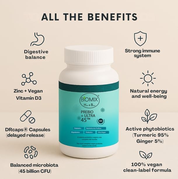 BIOMIX HEALTH &amp BEAUTY PREBIO+ Ultra 45 Vegan Probiotic 45 Billones CFU con Prebióticos Cúrcuma y Jengibre Cápsulas de Liberación Retardada DRcaps Sin Gluten 60 Capsules