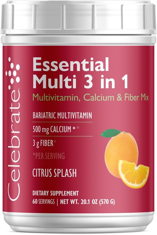 Celebrate Vitamins 3-in-1 Bariatric Multivitamin with Calcium Citrate Drink Mix - 500mg Calcium Gluten Free Sugar Free - Powder Blend for Post Bariatric Surgery - Citrus Splash (60 Servings)