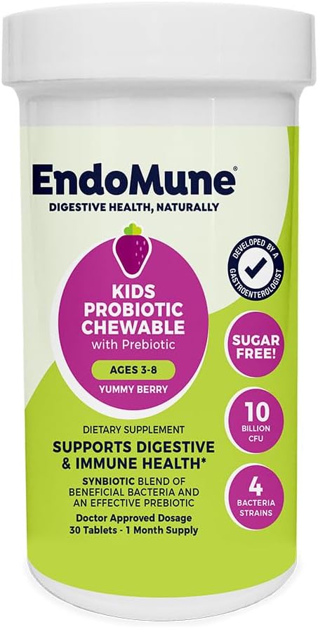 Endomune Jr Advanced Kids Probiotic and Prebiotic Chewables -10 Billion CFUs - 4 Strains Bacteria and FOS Prebiotic - Physician Formulated - 30 Chewable Tablets