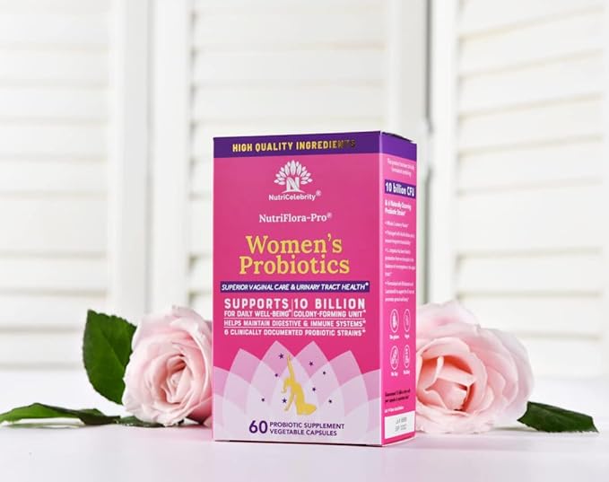 Nutricelebrity NutriFlora-Pro Probiotics for Women - Support Vaginal Urinary Health (UTI) Digestive System Period Pain Yeast and BV Relief Cranberry Pills 10 Billion CFU 6 Strains (60 Caps)