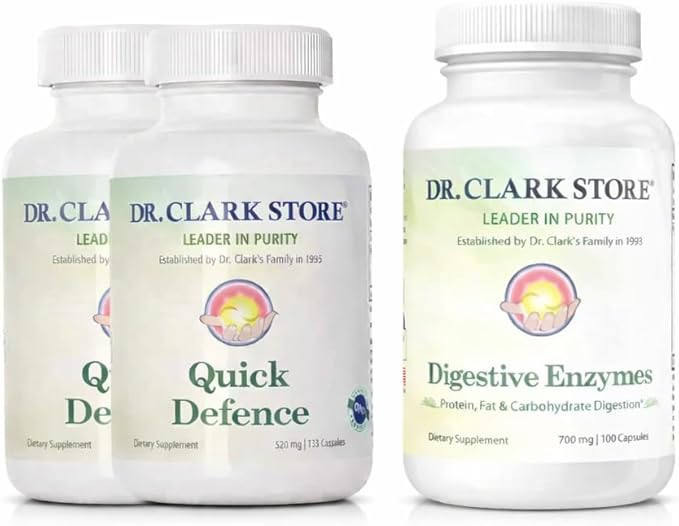 Dr Clark Store Quick Defence Botanical Support Kit 370 Capsules with Digestive Enzymes Green Black Walnut Hull Wormwood Cloves Herbal Blend for Internal Balance and Gut Health Non-GMO USA Made