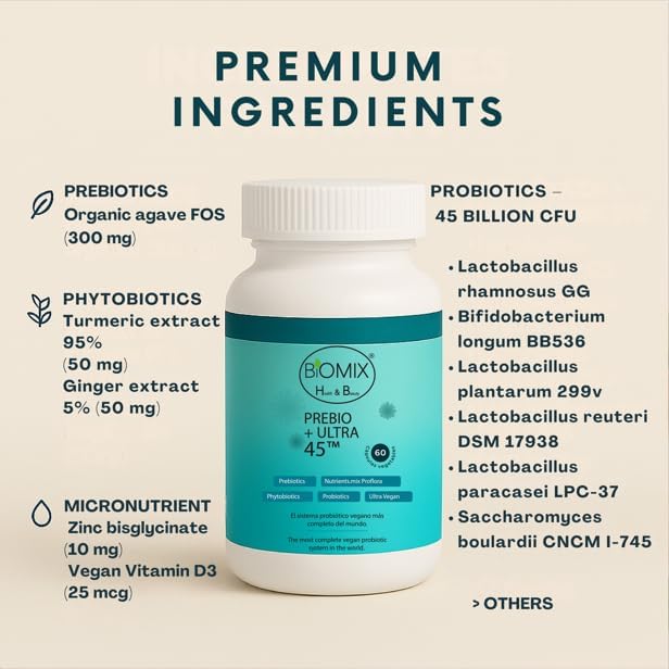 BIOMIX HEALTH &amp BEAUTY PREBIO+ Ultra 45 Vegan Probiotic 45 Billones CFU con Prebióticos Cúrcuma y Jengibre Cápsulas de Liberación Retardada DRcaps Sin Gluten 60 Capsules