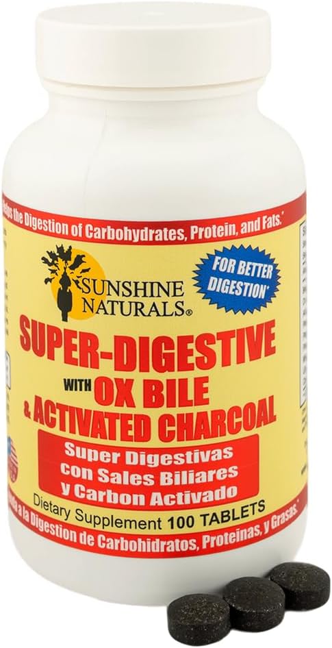 Sunshine Naturals Super Digestive Supplement. Ox Bile &amp Activated Charcoal for Digestive Support Bloating Relief Gut Cleanse Nutrient Absorption and Overall Wellness. 100 Tablets. Pack of 2