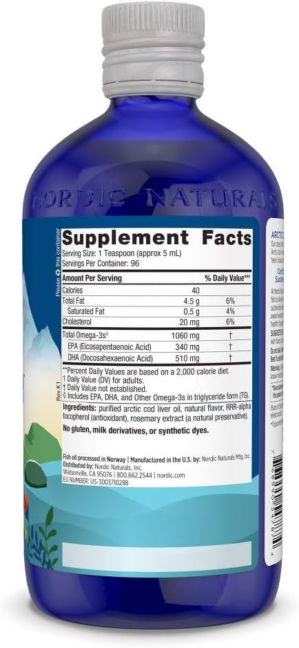 Nordic Naturals Arctic Cod Liver Oil Orange - 16 oz - 1060 mg Total Omega-3s with EPA &amp DHA - Heart &amp Brain Health Healthy Immunity Overall Wellness - Non-GMO - 96 Servings