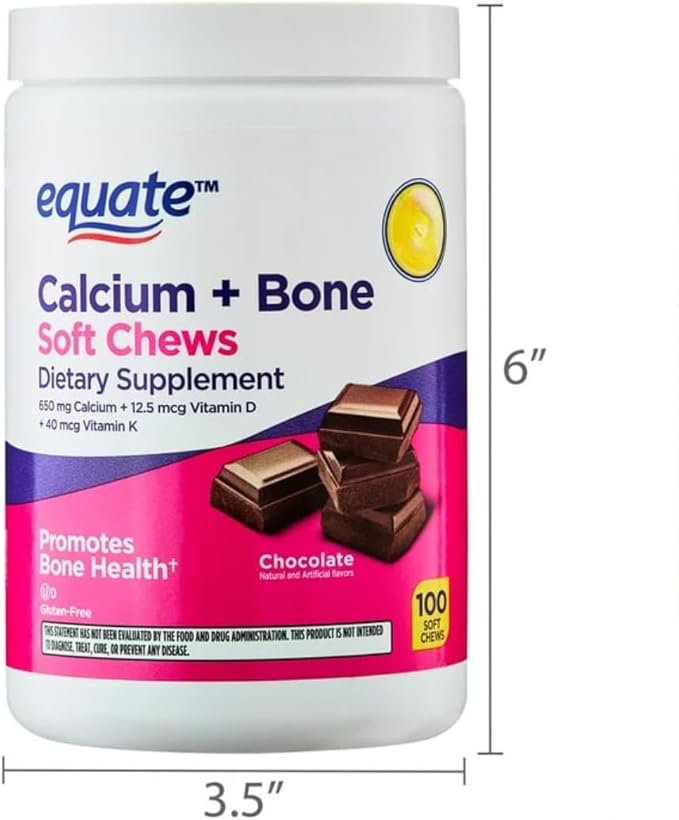 Equate Calcium + Bone Soft Chews Chocolate Flavor 650mg Calcium Vitamins D &amp K 100 Count + AGILIPET Sticker