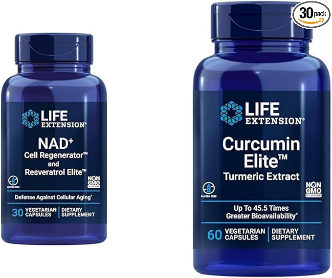 Life Extension NAD+ Cell Regenerator and Resveratrol Elite NIAGEN nicotinamide riboside &amp Curcumin Elite Turmeric Extract promotes a healthy inflammatory response