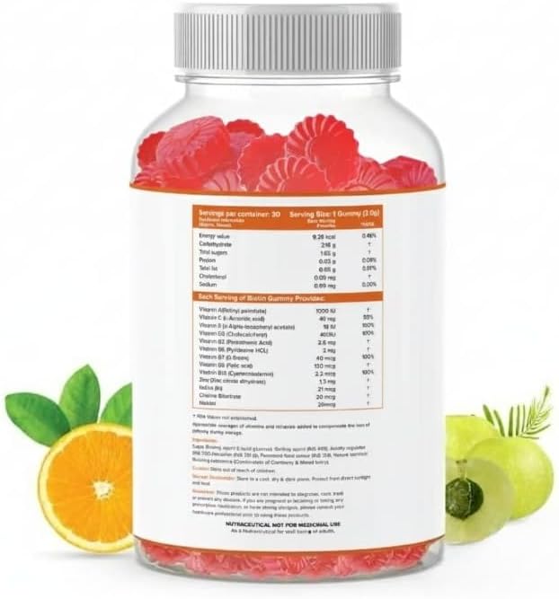 GHC Biotin Hair Gummies - 30 Gummies | 30 Days Pack | Enriched with Biotin Vitamin A C E &amp Zinc | Added Sugar | Keeps Hair Healthy &amp Strong | Cranberry Flavored |100% Vegetarian