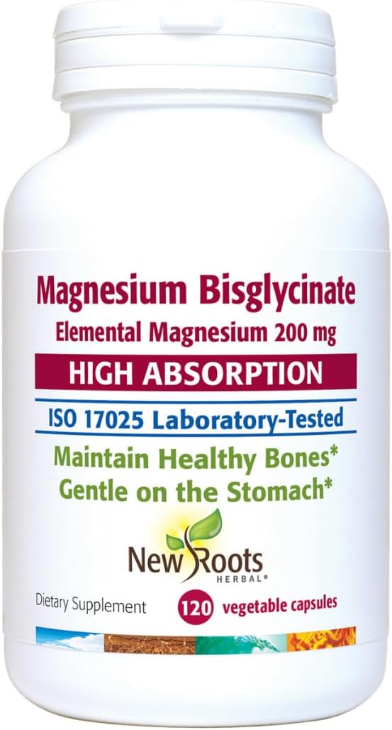 New Roots Herbal Magnesium Bisglycinate 120 Capsules 120-Day Supply - 200mg Elemental Magnesium for Sleep Heart Muscle Function Electrolyte Balance and Bone Health - Gentle on Stomach - Non-GMO