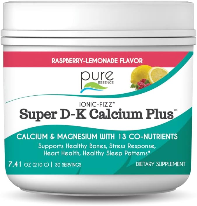 Ionic Fizz Super D-K Calcium Plus by Pure Essence - with Extra Magnesium Vitamin D3 Vitamin K2 for Strong Bones and Stress Support - Raspberry Lemonade - 7.41oz