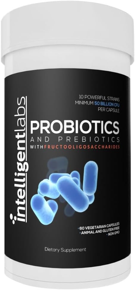 Intelligent Labs Probiotic 50 Billion CFU with Prebiotics PHGG &amp FOS No Refrigeration Needed Once Daily 10x Effectiveness 60-Day Supply Third-Party Verified