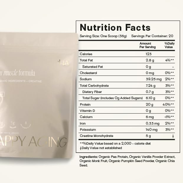 Happy Aging Protein Powder for Women 20g Organic Pea &amp Pumpkin Seed Protein 5g Creatine Monk Fruit Sweetened Organic Cocoa &amp Chia Vegan Plant Based Protein