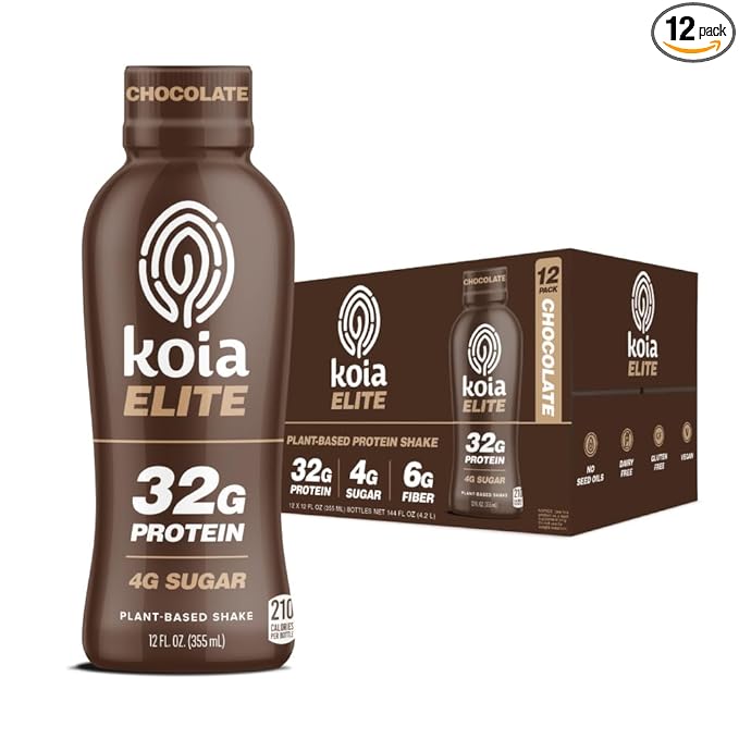 Koia Elite Plant Based Protein Shake Chocolate 32g Protein 4g Sugar 6g Prebiotic Fiber Pre &amp Post Workout Nutritional Drink No Seed Oils Dairy-Free Gluten-Free Non-GMO 12 Fl Oz (Pack of